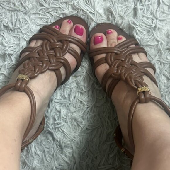 Tory Burch Brown Leather Woven Strappy Small Wedge Sandals Sz 8 - Picture 3 of 10